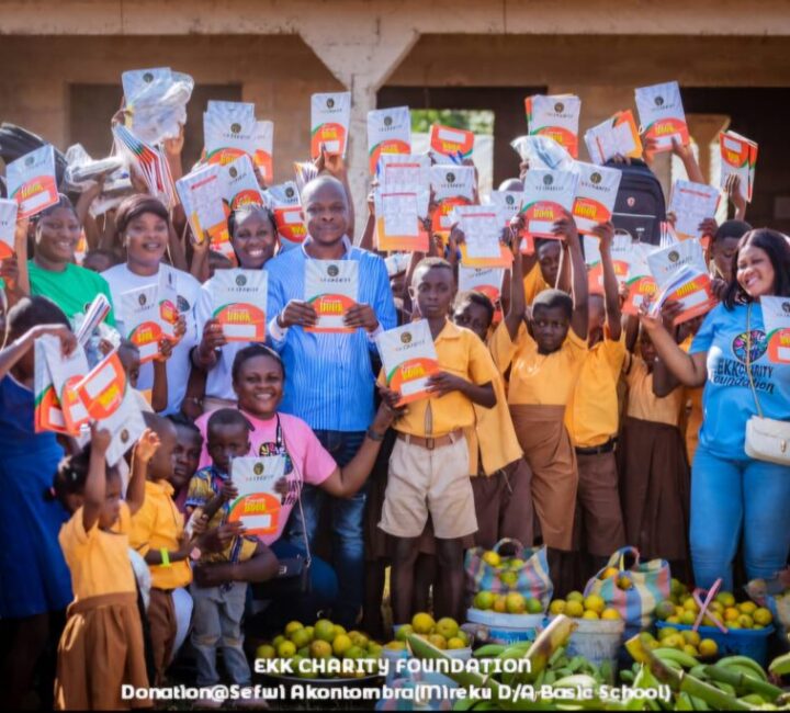 Evans Kofi Kwafo Presents Sandals, Others To Barefooted Kids At Mirekukrom MA School.