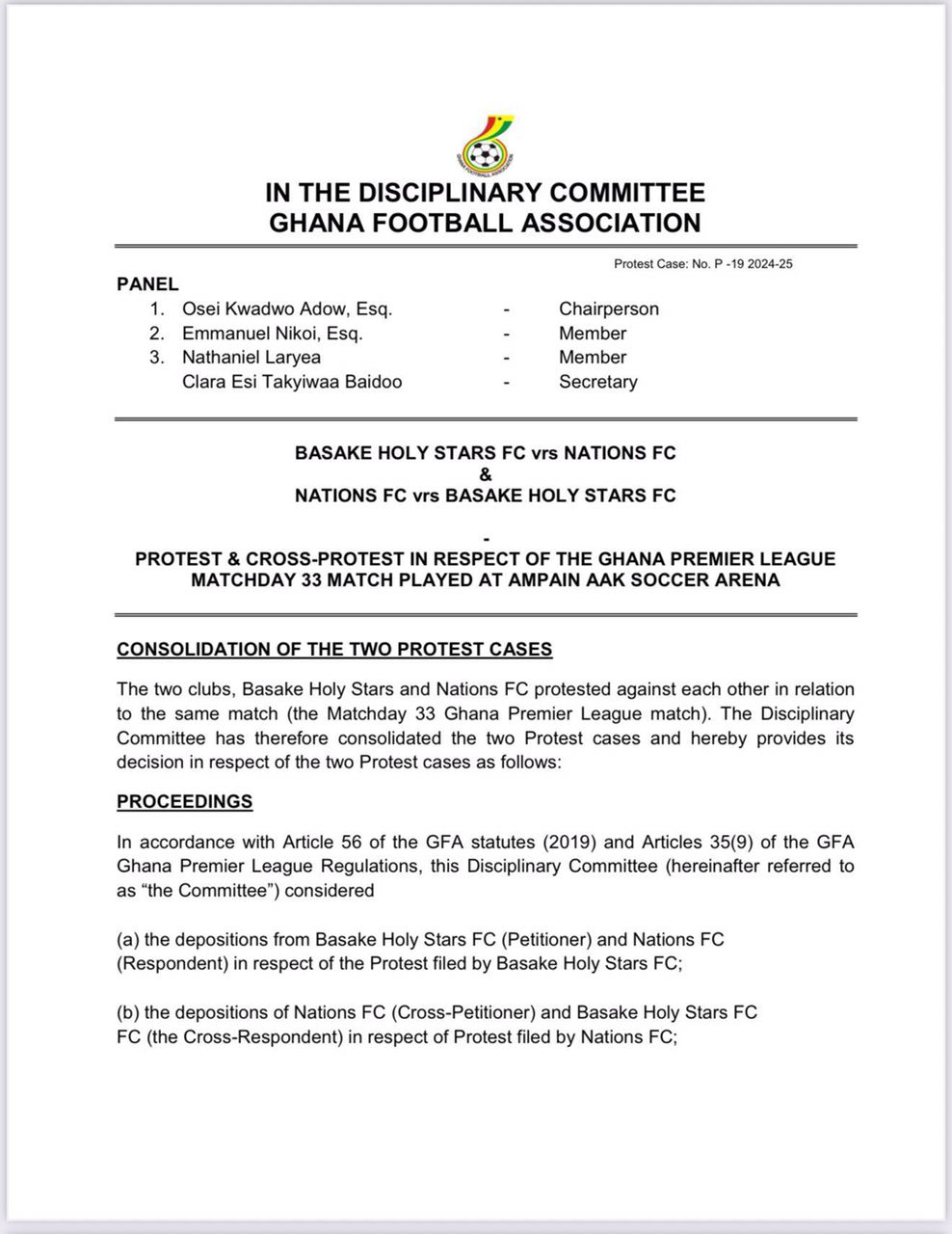 Holy Stars/Nations FC Match Brouhaha: GFA Rules for Holy Stars
